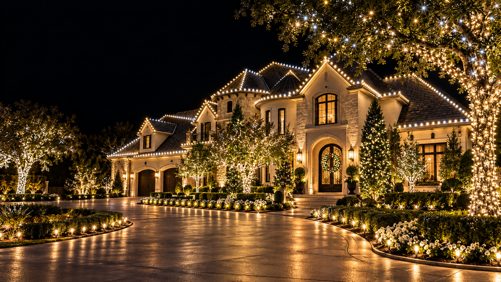 luxurious mansion holiday lights at night