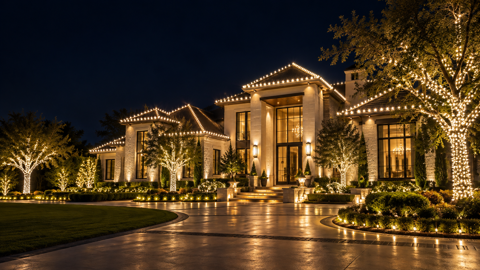 Christmas lighting in Dallas Fort Worth luxury mansion holiday lights at night